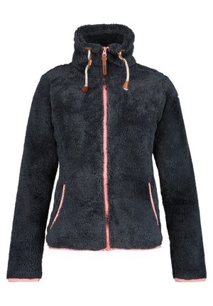 Veste polaire gris foncé avec col montant, cordons blancs, et fermeture éclair ainsi que finitions de poche rose clair.