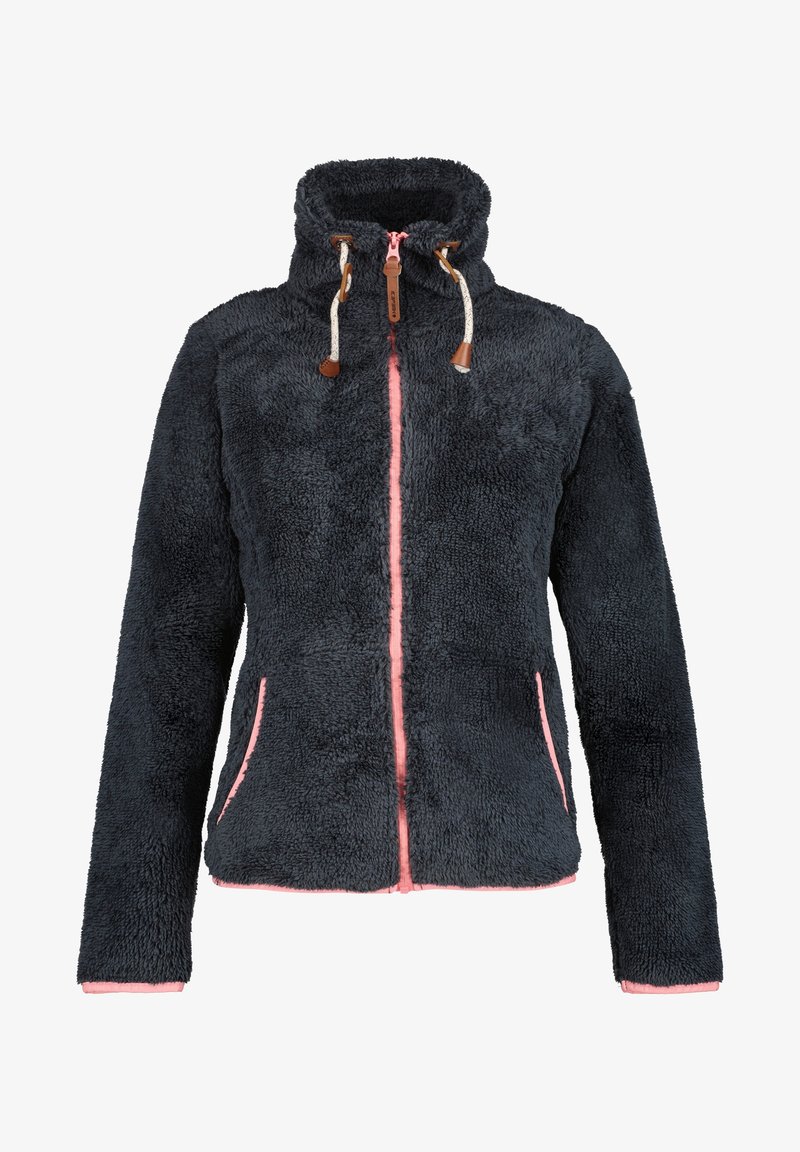Veste polaire gris foncé avec col montant, cordons blancs, et fermeture éclair ainsi que finitions de poche rose clair.