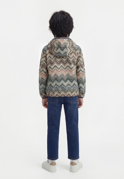 Enfant portant un sweat à capuche à motif zigzag multicolore, un jean bleu et des baskets blanches, debout de dos sur un fond blanc.