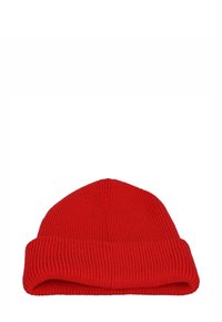 Red knitted beanie with a cuffed design, featuring vertical ribbing texture. The top is rounded with no additional embellishments or patterns.