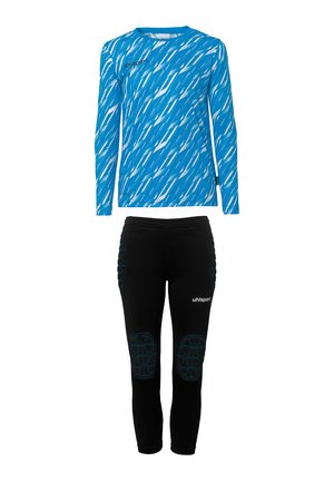 Blue long-sleeve sport shirt with white diagonal stripes and black leggings featuring hexagonal knee padding and turquoise accents.
