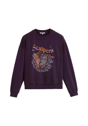 Sudadera morada de mangas largas, cuello redondo y puños acanalados. Presenta un estampado gráfico colorido de un tigre y planetas.