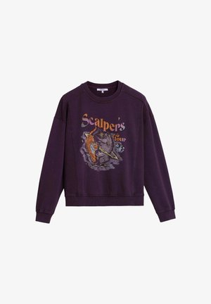 Sudadera morada de mangas largas, cuello redondo y puños acanalados. Presenta un estampado gráfico colorido de un tigre y planetas.
