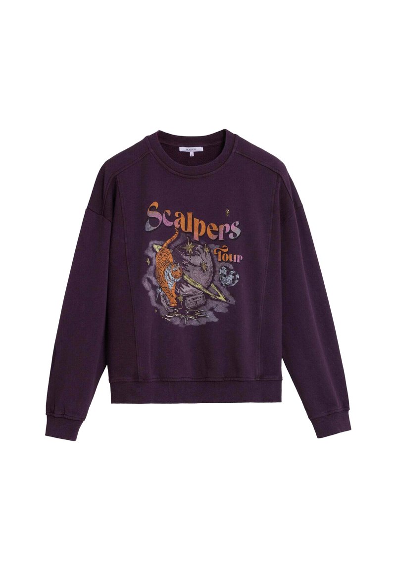 Sudadera morada de mangas largas, cuello redondo y puños acanalados. Presenta un estampado gráfico colorido de un tigre y planetas.
