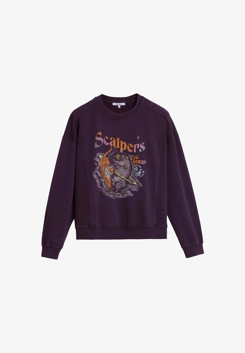 Sudadera morada de mangas largas, cuello redondo y puños acanalados. Presenta un estampado gráfico colorido de un tigre y planetas.