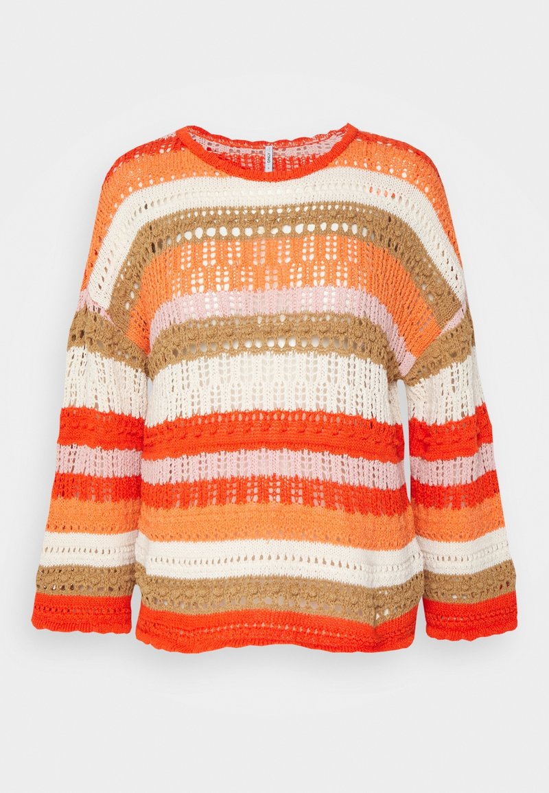 Pull à manches longues crocheté avec des rayures horizontales orange, beige, blanc, rose et marron avec un motif ajouré.