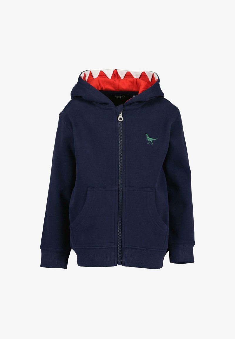 Felpa con cappuccio zip navy con logo di un dinosauro verde. Interno rosso con motivo a denti di squalo bianchi. Due tasche frontali e polsini a coste.