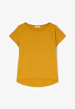 Haut femme manches courtes jaune moutarde avec col rond et ourlet arrière légèrement plus long, design uni.