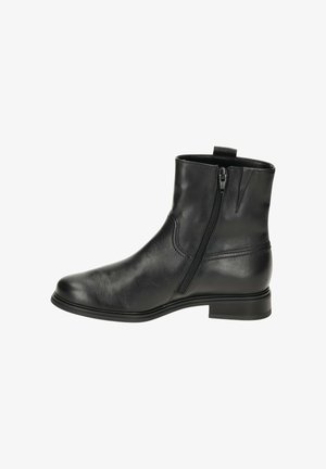 Bottines noires en cuir lisse, avec une fermeture éclair sur le côté, un bout arrondi et un petit talon carré. Design minimaliste avec des accents cousus.