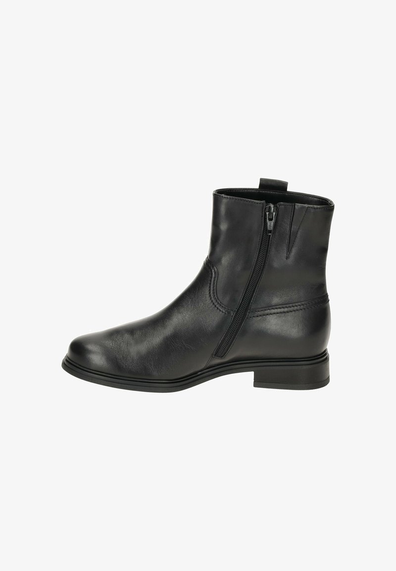 Botín negro de tobillo hecho de cuero suave, con cremallera lateral, punta redondeada y tacón bajo. Diseño minimalista con acentos de costura.