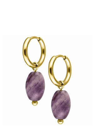 Gold hoop earrings with oval purple gemstone pendants and small gold beads at the bottom against a white background.