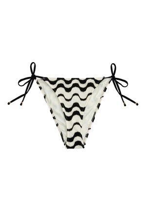 Bas de bikini rayé ondulé noir et blanc avec liens latéraux et petits accents de perles dorées aux extrémités.