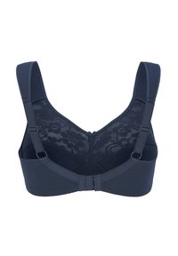 Navyblå bh med breda axelband, spets bakpanel och justerbara hyskor. Mjuk bomullstyg med sömlös design och blommönster.