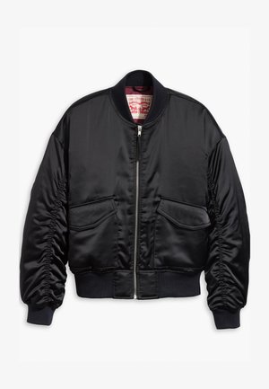 Fekete bomberdzseki sima anyagból, elöl cipzárral, bordás mandzsettákkal és két folt zsebbel, rugalmas derékkal.