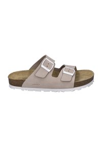 Sandali in suede beige chiaro con due cinturini regolabili, fibbie argentate e una soletta in sughero. Suola in gomma con un motivo di grip testurizzato.