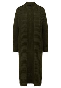 Lång öppen kofta i mörkgrön, tillverkad av texturerat stickat tyg med ribbade kanter, med långa ärmar och en avslappnad passform.
