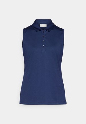 Polo sans manches bleu marine en tissu lisse, doté d'un col classique et d'une patte de boutonnage à quatre boutons, coupe ajustée.
