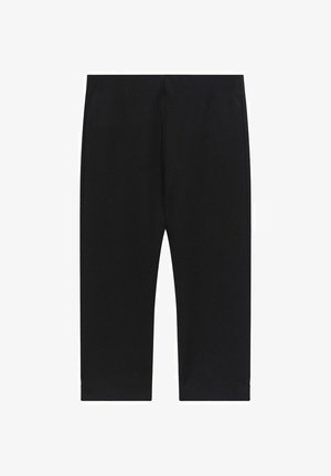 Black stretch pants with a fitted design, featuring a smooth texture and cropped length, finished with a simple hem at the ankles.