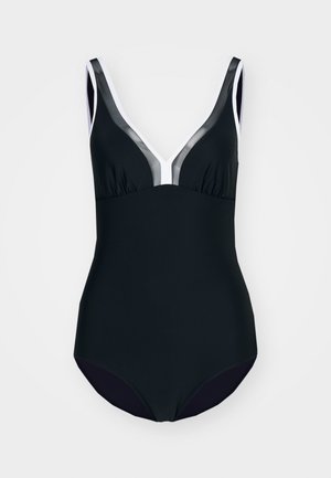 Melnas viengabala peldkostīms ar dziļu V-veida dekoltē, caurspīdīgām pelēkām akcentiem un baltu apdari uz siksnām; gluda faktūra un cieša piegriezuma dizains.