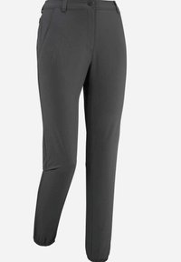 Pantalones deportivos grises con un acabado suave y mate. Presentan piernas ajustadas, puños elásticos, bolsillos frontales y un cierre de botón en la cintura.