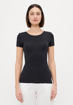 Black short-sleeve t-shirt with a crew neckline, made of smooth fabric. Fitted design, minimal seams, and no visible embellishments.