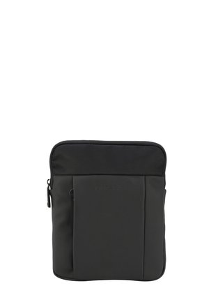Black laptop sleeve made of smooth polyester, featuring a top zipper, front pocket, and subtle embossed logo. Minimalist rectangular design.