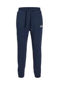 Navy blue sweatpants with elastic waistband, adjustable drawstring, and cuffed ankles. Features white logo text on the left thigh.