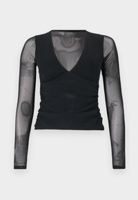 Μαύρο μπλουζάκι με μακριά μανίκια από διαφανές δίχτυ και V-λαιμόκοψη, με ριμπάρισμα γύρω από τη μέση και εφαρμοστή σιλουέτα.