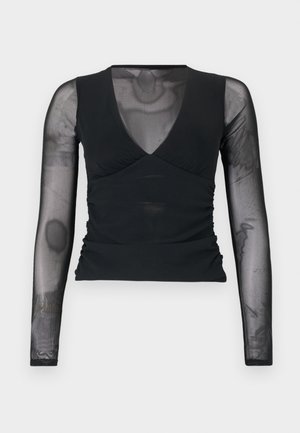 Μαύρο μπλουζάκι με μακριά μανίκια από διαφανές δίχτυ και V-λαιμόκοψη, με ριμπάρισμα γύρω από τη μέση και εφαρμοστή σιλουέτα.