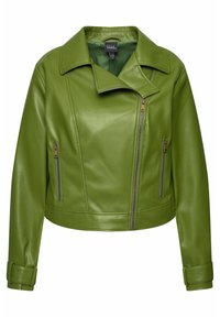 Veste en cuir vert au design court, avec un large col et deux poches zippées. Présente une finition texturée et des poignets de manches ajustables.