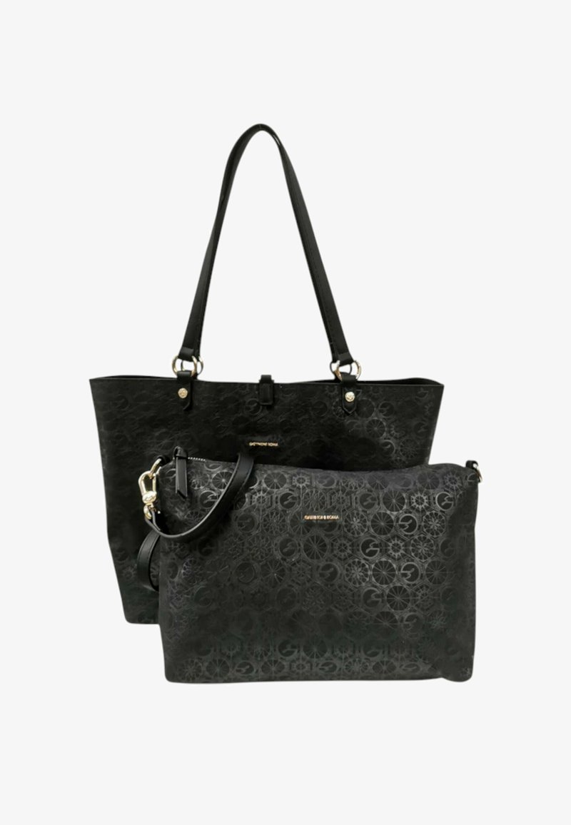 Due borse nere fatte di materiale sintetico con motivo. La borsa tote più grande ha manici lunghi; la borsa più piccola include una tracolla staccabile e una cerniera.