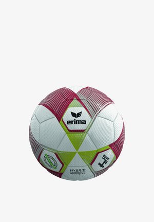 Pallone da calcio bianco, rosso e verde con superficie texture, logo del marchio Erima e marchi "Hybrid Training 2.0" e "Size 4".