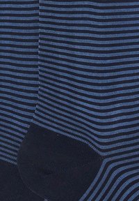 Calzini blu navy con strisce alterne sottili e spesse di colore azzurro. Tessuto morbido con rinforzi sulle punte e sul tallone, texture liscia.