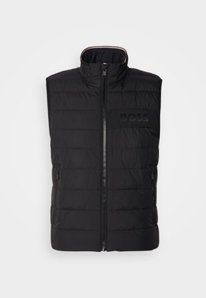 Black sleeveless vest with quilted texture, high collar, and front zip. Features a subtle tonal "BOSS" logo on the chest and side pockets.
