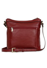Borsa a tracolla rossa in pelle con chiusura a zip, tasca frontale con zip, tracolla regolabile e texture liscia. Caratterizzata da dettagli in hardware dorato.