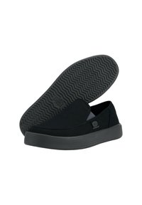 Schwarze Slipper aus Canvas mit elastischen Seitenpanels, einer strukturierten Gummisohle und einem Logo an der Seite für zusätzliche Details.