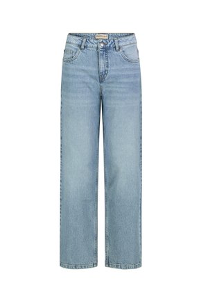 Light blue straight-leg denim jeans with button and zipper closure, front and back pockets, and belt loops.