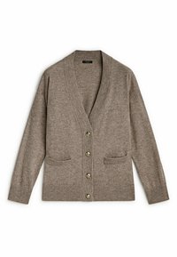 Harmahtava ruskea nappikaulusneule, jossa on kaksi etutaskua, ribbireunat hihansuissa, kauluksessa ja helmoissa, esiteltynä litteänä valkoisella taustalla.