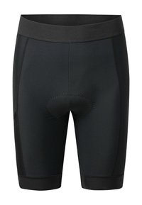 Shorts de cyclisme noirs au design ajusté, avec une taille élastique et une zone de siège rembourrée. Caractéristiques d'un tissu lisse et de détails de couture contrastés.