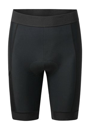 Schwarze Radsportshorts mit einer engen Passform, elastischem Bund und gepolstertem Sitzbereich. Verfügt über glattes Material und kontrastierende Nähte.