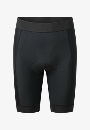 Bermudas de ciclismo negras con un diseño ajustado, cinturilla elástica y área de asiento acolchada. Presenta una tela suave y detalles de costura en contraste.