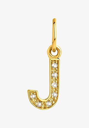 Colgante de letra "J" en oro, engastado con seis pequeños cristales transparentes, con un acabado suave y un sencillo lazo para su sujeción.
