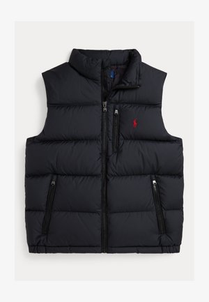 Črna napihljiva brezrokavnik z visokim ovratnikom, vsebuje dve žepni zadrgi, prešito zasnovo in majhen rdeč logotip na levi strani prsnega dela.