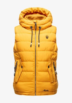 Dzeltena pildīta veste ar kapuci, ar priekšējo rāvējslēdzēju, divām sānu kabatām un logo uz krūtīm. Gluda tekstūra ar kviltētu dizainu.