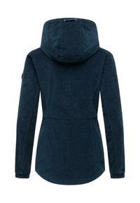 Marineblå damesjakke lavet af blødt stof, med hætte, elastiske manchetter og en tilpasset pasform med sidesømme for et skræddersyet look.