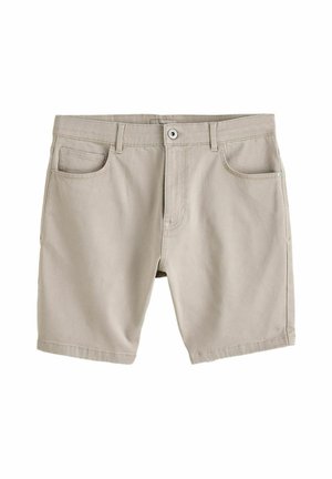 Béžové bavlnené šortky s predným gombíkom, zipsom, pútkami na opasok a piatimi vreckami, zobrazené na bielom pozadí.