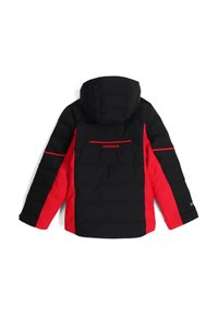 Giubbotto a vento nero e rosso con cappuccio, caratterizzato da una trama trapuntata, pannelli laterali in contrasto e un logo sulla schiena.