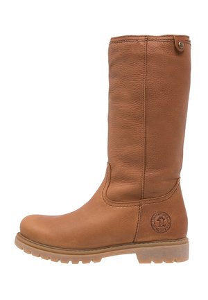 Tall brown leather boot with round toe, flat sole with tread, side seam stitching, and embossed circular brand logo near heel.