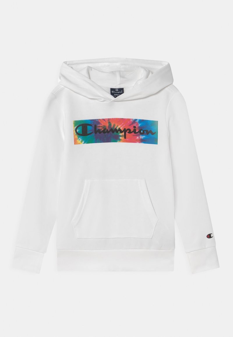 Felpa bianca con tasca frontale, caratterizzata da un logo Champion colorato in stile tie-dye sul petto. Polsini aderenti e cappuccio con coulisse.
