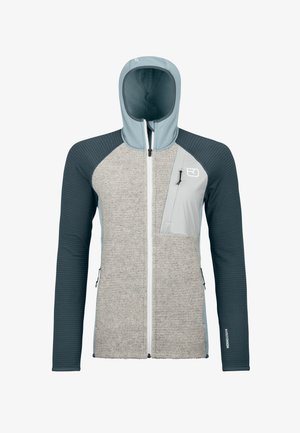 Leichte Kapuzenjacke aus einer Mischung aus grauem und navyblauem Material, mit Reißverschluss vorne, strukturierten Ärmeln und einer Brusttasche.